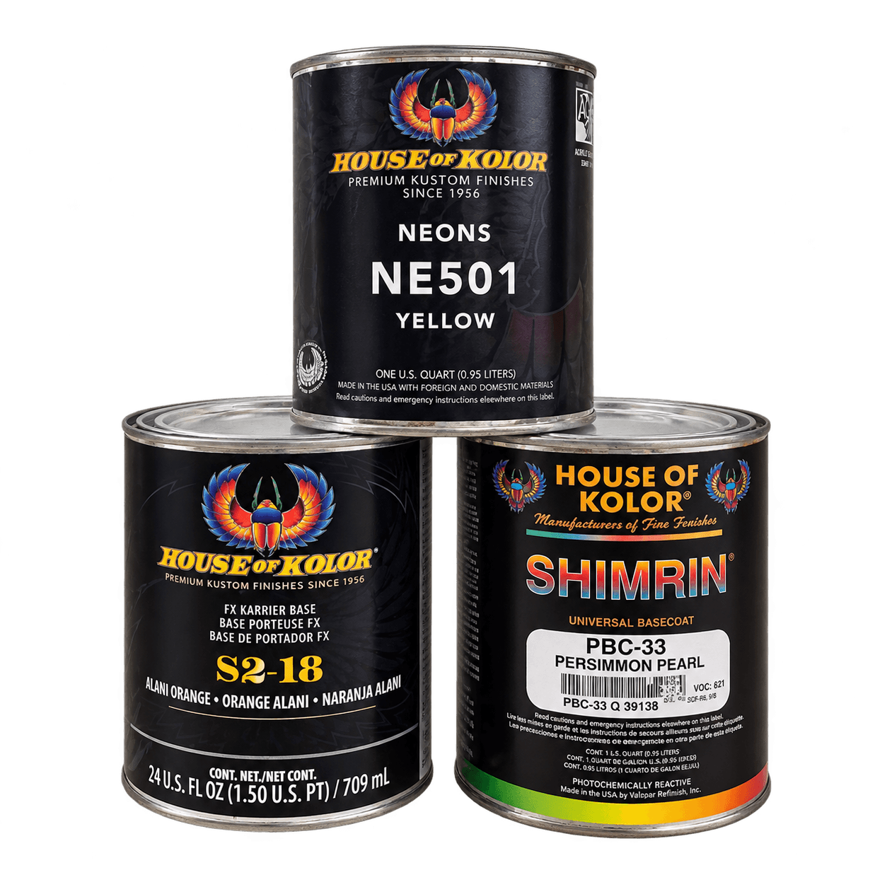 Three house-of-color paint cans: NE501 Yellow, S2-18 Alani Orange and PBC-33 Persimmon Pearl